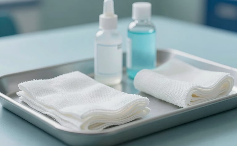 Macro photography of sterile medical supplies organized neatly on a tray. The sharp focus on clean gauze and antiseptic solutions against a soft Light Blue (#B4D4DF) and Dark Blue (#1A2F3D) background communicates professionalism and hygiene.