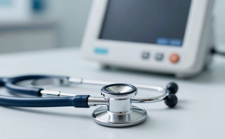 Close-up of clinical equipment like a high-quality stethoscope and a digital monitor on a clean surface. The color palette features #427B9B and #F2F6F8, emphasizing precision, technology, and medical reliability.