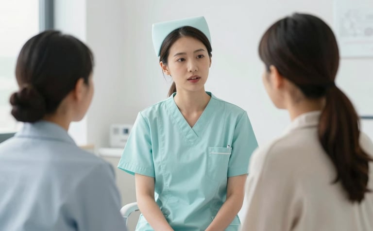 A professional healthcare environment with soft natural lighting. A nurse wearing a modern light blue (#B4D4DF) uniform is speaking empathetically with a patient in a serene, white-walled consultation room. The image conveys trust and clinical expertise.