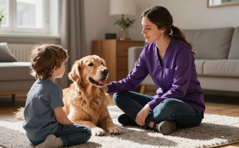 A professional therapist in a cozy Northern European room, sitting on a soft light gray carpet with a friendly Golden Retriever and a child. The scene is filled with natural sunlight, warm wood textures, and a calm, compassionate atmosphere. The therapist wears a purple cardigan.