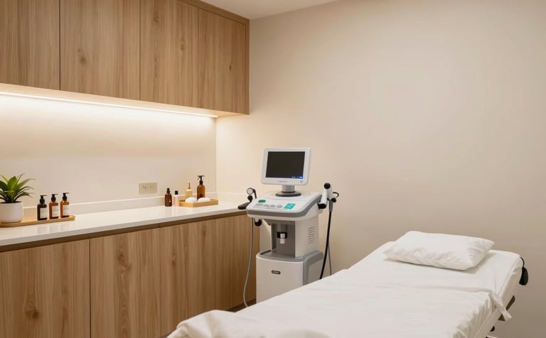 A high-end, welcoming medical consultation room in Fortaleza, South American / Brazilian aesthetics, featuring light wood accents, cream walls, and professional equipment, warm and empathetic atmosphere.