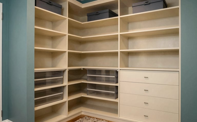 A high-end walk-in closet system in a North American / US (Florida) master suite, featuring dusty teal accents and custom warm cream organization units.