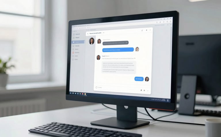 A clean, bright corporate office workspace in Pale Mist Grey and Deep Navy Blue tones. A high-end computer monitor shows a modern chat interface. Soft natural lighting from a side window, emphasizing a professional and highly efficient atmosphere.