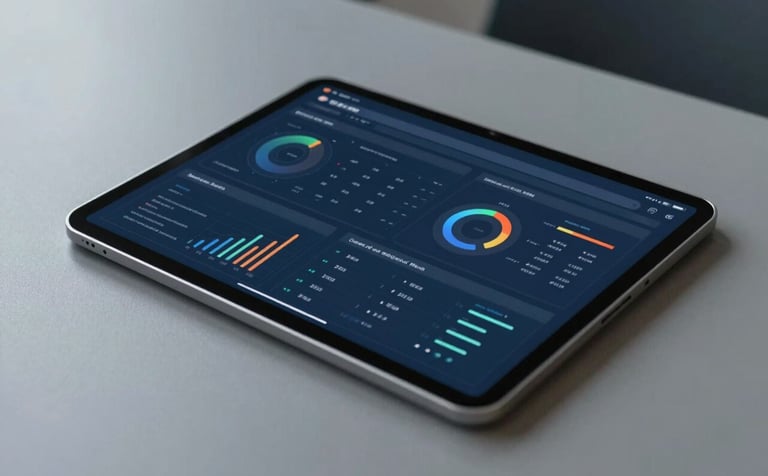 Close-up of a tablet on a minimalist desk in a Corporate Blue and Slate Grey office. The screen displays a clear, elegant business dashboard with data visualizations. Professional photography, sharp focus on the data interface, business-focused mood.