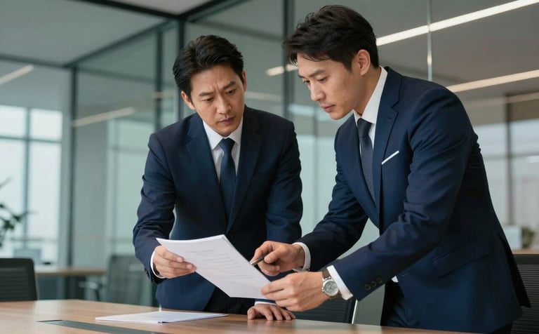 Professional business scene in a modern glass-walled meeting room. Two professionals in suits (Deep Navy Blue) discussing over a document. Avant-garde style, high-end corporate photography, lighting focusing on productivity and success.