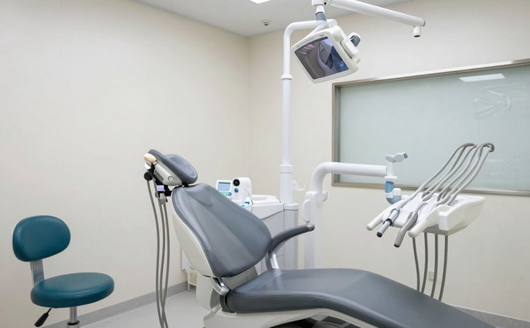 A bright, modern dental examination room with advanced medical technology and ergonomic design. A clean, sterile environment in a high-end facility for Global / International Medical Tourism. Lighting is soft and professional, highlighting steel gray and premium teal accents in the equipment.
