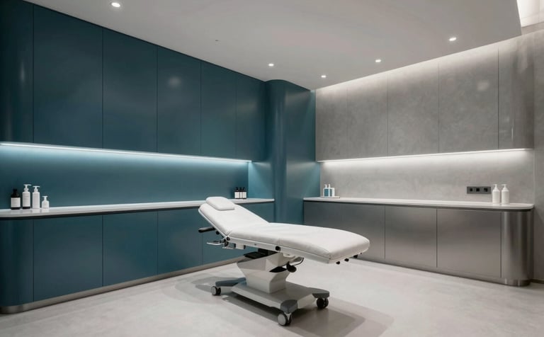 A luxury medical aesthetics clinic interior with clean minimalist architecture. Soft lighting illuminates the space, conveying a sense of premium safety and hygiene for Global / International Medical Tourism patients. Background colors consist of metallic dark cyan and cool steel gray.