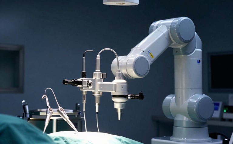 A close-up of a state-of-the-art robotic surgery system in a sterile operating theater. The composition focus is on the high-tech precision instruments for Global / International Medical Tourism. The scene uses dark navy and cool lighting to emphasize trust and advanced care.