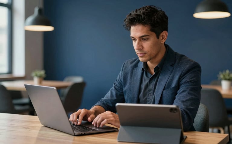 A professional Hispanic entrepreneur in a stylish co-working space, working with a laptop and a tablet. The setting is modern and minimalist with navy blue accents and natural light, illustrating omni-channel connectivity.