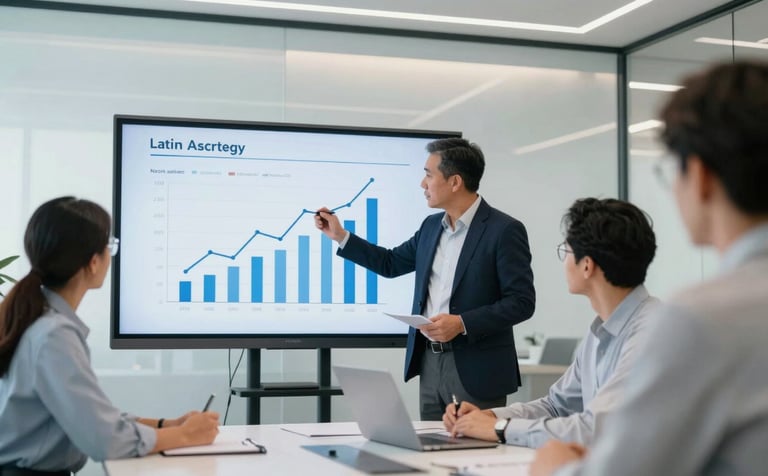 A high-level strategy meeting in a Latin American corporate office. Two professionals discuss growth charts on a large screen. Modern architecture, clean aesthetic, with soft white and light blue lighting.