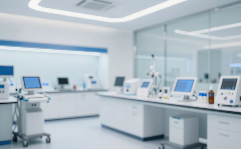 A bright, premium medical facility or modern educational laboratory. Clean white surfaces, transparent glass, sophisticated medical devices or tablets. Minimalist design, high-end finishing, professional ambiance in blues and whites (#F5F5F5, #007BFF).