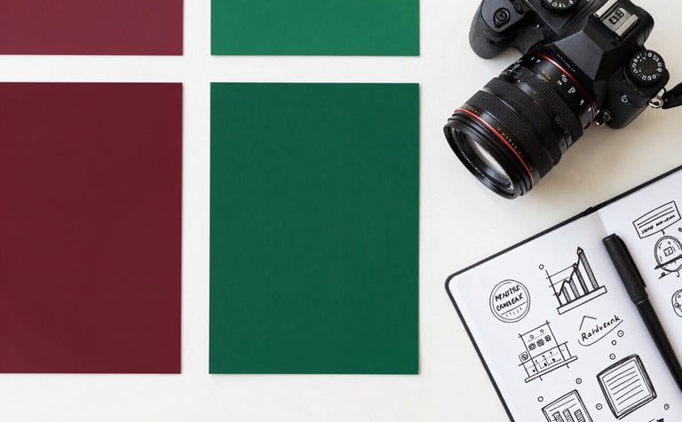 A top-down view of a bright, professional workspace with a crisp parchment surface. It features a mood board with deep ripe crimson and matte forest green swatches, a digital camera, and a notebook with marketing strategy sketches. The atmosphere is professional and organized, set in a creative North American agency studio.