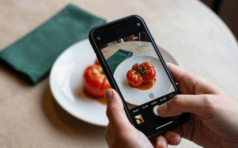 A close-up, high-angle shot in a cozy North American bistro where a hand is using a smartphone to capture a beautifully plated dish featuring deep ripe crimson heirloom tomatoes. The lighting is soft and natural, emphasizing the artisanal textures of the food and the matte forest green napkins on a crisp parchment-colored tablecloth.