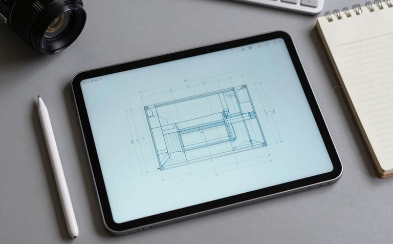 A top-down professional photograph of a designer's desk. A tablet shows a clean wireframe in soft blue. Around it are a sleek stylus and a notebook on a light grey background, representing organized technical planning.