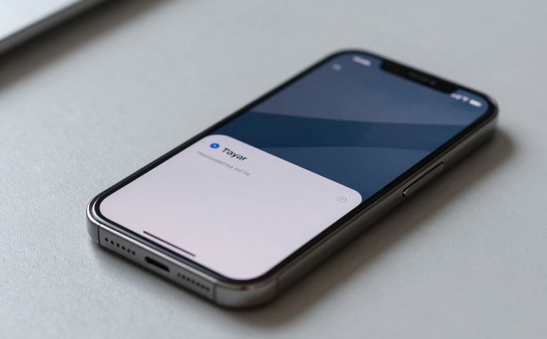 A close-up photograph of a sleek smartphone resting on a light grey desk. The screen displays a sophisticated application interface with muted blue accents and a minimalist layout. The lighting is clean and bright, emphasizing technical precision.