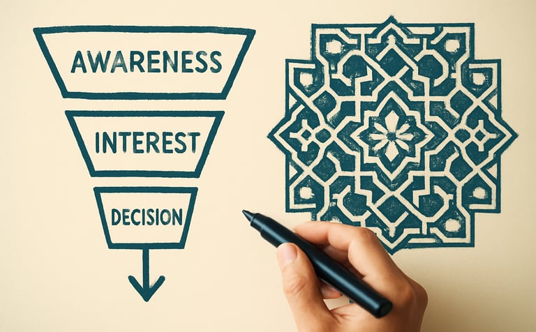 An artistic close-up of a whiteboard during a strategic brainstorming session. Sketches of marketing funnels and Moroccan-inspired geometric patterns. Soft focus on hands holding a marker. The color palette emphasizes rich parchment (#FDF8ED) and deep turquoise (#0F3D4D).