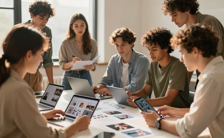 Behind-the-scenes photography of a creative team planning a social media campaign. A group of diverse professionals is gathered around a table with tablets and storyboards. Warm sunlight streams through a window, illuminating the space with golden (#E9C46A) tones. Modern and dynamic vibe.