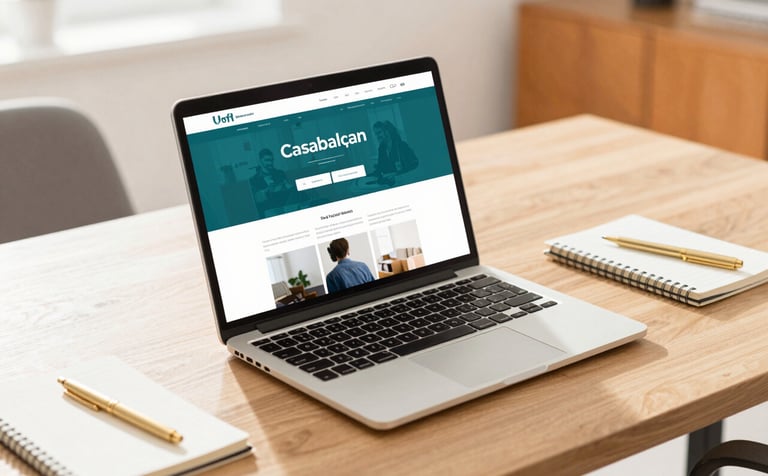 A high-angle professional shot of a modern office desk in Casablanca. A high-end laptop displays a vibrant, modern website layout. Next to it, a notebook with gold-foiled pen. The lighting is bright and warm, reflecting a professional atmosphere with subtle turquoise (#0F3D4D) and orange (#D27E3B) accents in the room decor.