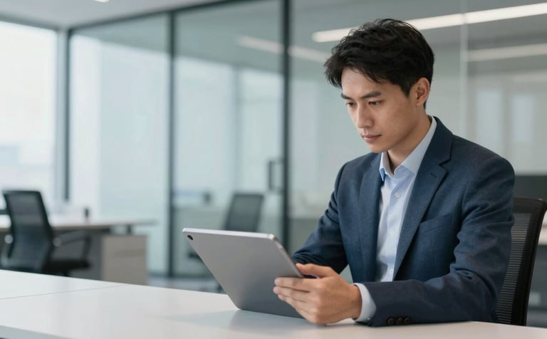 A high-end corporate office setting with a focused professional reviewing strategic data on a tablet. The atmosphere is sophisticated and clean, featuring minimalist furniture and a glass wall. Lighting is bright and professional. The scene incorporates brand colors #1D3534 and #F0F3F3 through interior details.