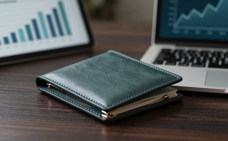 A close-up of a high-quality leather folder and a laptop showing financial growth charts on a dark wood desk. The lighting is soft and professional, emphasizing trust and precision. The colors include muted teals (#4A6D6B) and the deep corporate teal (#1D3534).