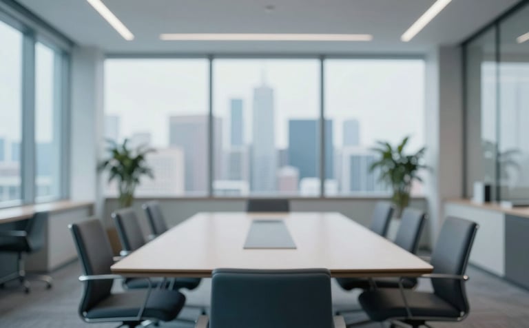 A modern, minimalist boardroom with a large conference table. Through the window, a clean city skyline is visible. The composition is symmetrical and professional. Brand colors #A2B9B8 and #1D3534 are used in the decor and furniture accents.