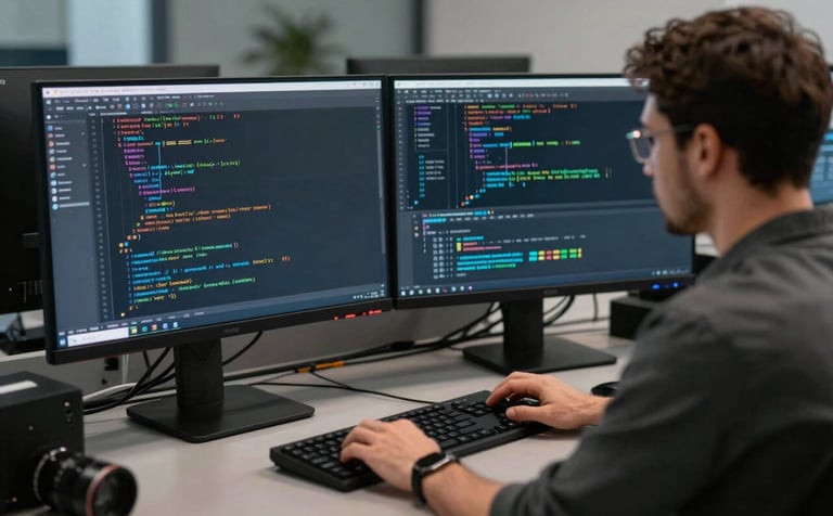 A professional developer in an Eastern European tech hub working with high-end equipment. Two large monitors display sophisticated code and Android system architecture diagrams. Soft lighting, dark slate gray and steel blue tones, modern and reliable aesthetic.