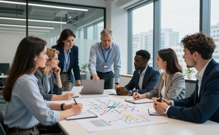 A collaborative team meeting in a contemporary Ukrainian corporate space. Diverse professionals discussing a digital roadmap near a large glass window with city views. Clean composition, professional lighting, steel blue and light blue color palette.