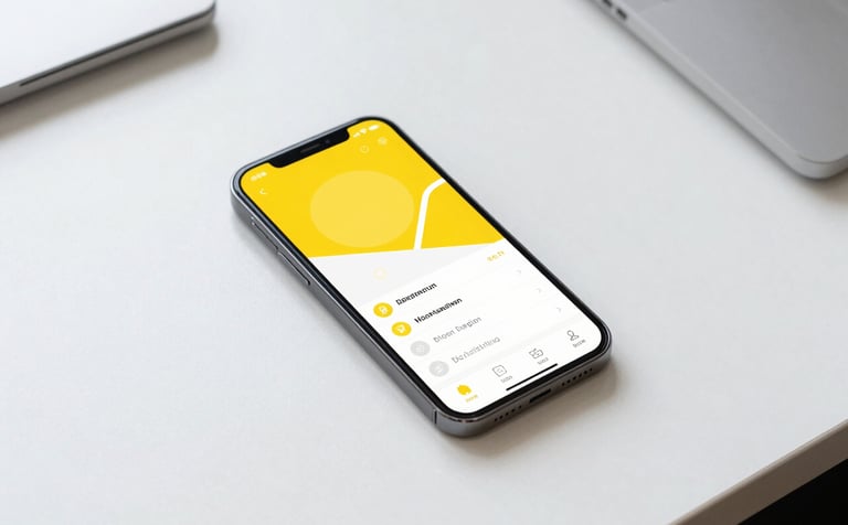 A top-down photograph of a sleek, modern smartphone on a white minimalist desk in a bright North American office. The screen shows a sophisticated app interface with vibrant yellow accents and clear navigation elements. Soft, natural morning light.