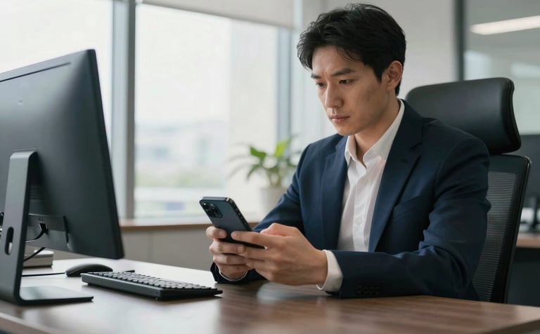 A focused professional in a modern North American / US office setting looking at a smartphone, sleek navy charcoal desk, soft morning light, professional photography.