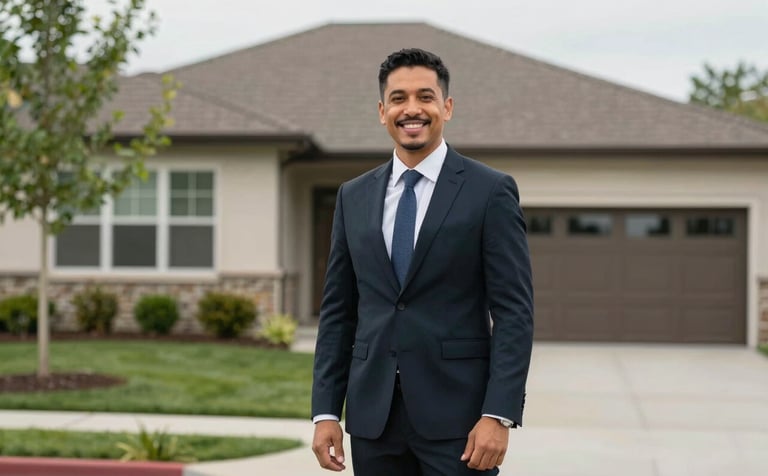 A smiling North American / US real estate agent in professional attire standing in front of a modern suburban house with growth green landscaping.
