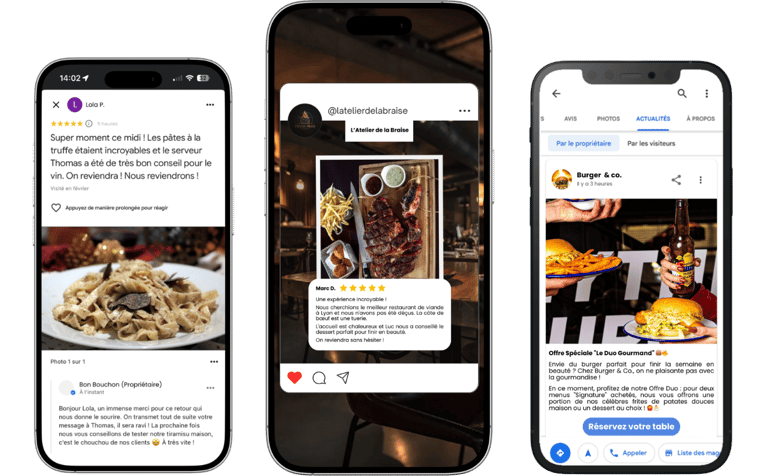 Trois smartphones affichant l'expertise Notiia : gestion d'avis clients et réputation Google