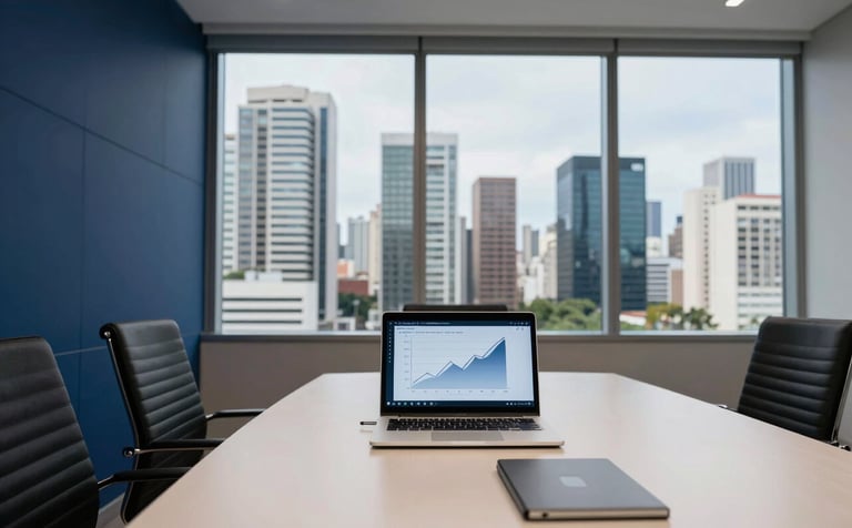 A high-end executive boardroom in a Brazilian city. Panoramic window showing a modern urban skyline. A laptop shows a growth chart. Colors are deep navy blue and off-white.