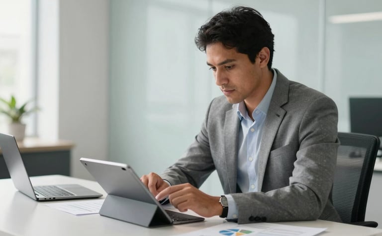 A clean, modern South American / Brazilian office setting. A focused professional reviewing a strategic sales plan on a tablet. Lighting is bright and natural. Background colors include soft white and light grayish blue tones.