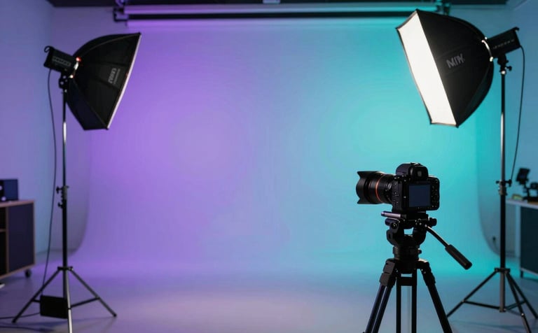 A wide photography shot of a modern North American content studio. Professional lighting equipment and a high-end camera are visible, with a backdrop glowing in soft indigo and vibrant cyan light.