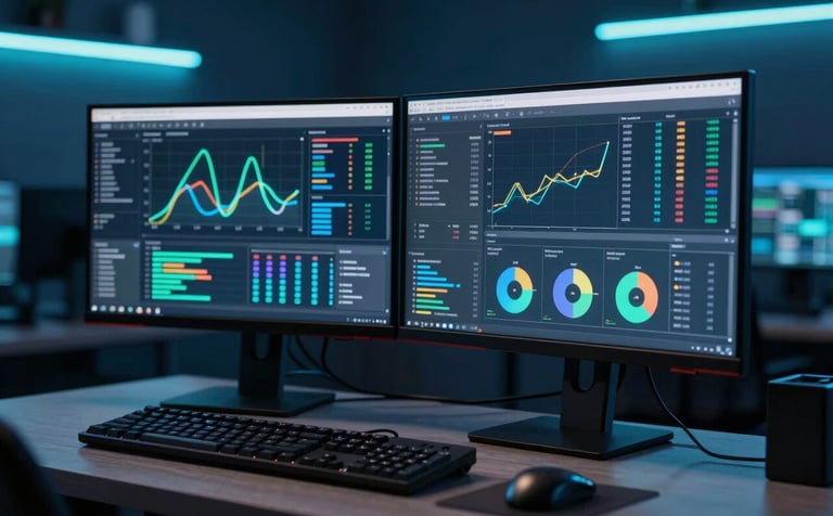 A focused shot of a professional North American tech setting. A dual-monitor setup displays vibrant colors and data visualizations in a room illuminated by deep navy blue and teal neon accents, creating a futuristic results-driven vibe.