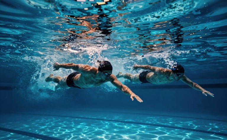 Cinematic underwater photography of two swimmers racing side-by-side in a pool, deep #0A1C20 shadows and vibrant #6BAAB7 water tones. Dramatic lighting highlights the water movement and professional athletic performance.