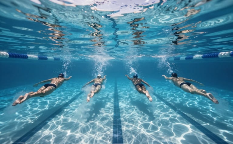 A professional wide-angle underwater view of four swimmers in lanes at Aqua Jetty, Warnbro. Sophisticated cinematic style with #367C8A blues and crisp #E6F5F8 highlights showing movement through the water.