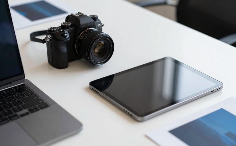 A clean, minimalist photography close-up of a designer's desk in a North American / US creative agency. Features a professional camera, a high-end tablet, and high-quality design samples. Lighting is bright and airy, focused on white and black tones with professional blue highlights.