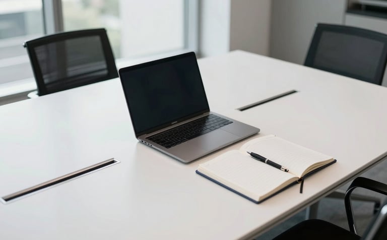 High-angle photography shot of a sleek, modern North American / US conference room table with a high-end laptop and minimalist notebooks. The color palette features white and black with subtle blue accents. Soft, professional daylight streaming from large windows creates a clean, leadership-focused environment.