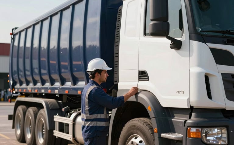 Close-up photography of a heavy transport truck being inspected by a professional in a South American industrial logistical center, sunlight reflecting on the metal, professional and reliable mood, dark navy and white colors.