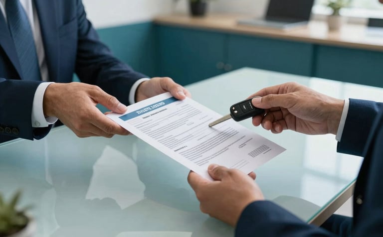 A South American / Brazilian professional setting showing hands exchanging vehicle documents and car keys over a clean desk, modern office interior with slate blue and deep teal accents, bright and clear photography.