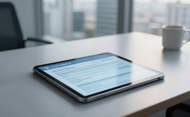 A clean, modern professional office desk in a South American city with a digital tablet showing vehicle registration forms, soft morning light, featuring slate blue and ice blue tones in the background, high reliability vibe.