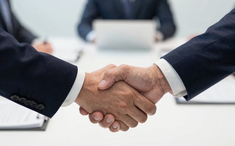 A close-up of a professional handshake in a sophisticated North American / US boardroom, symbolizing a successful marketing consultancy partnership. The color palette emphasizes deep dark navy and crisp white, with a professional and trustworthy lighting style that conveys years of expert experience.
