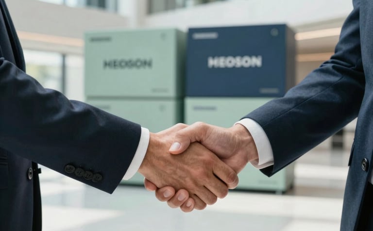 Close-up of a firm handshake between two business partners in a bright, modern corporate atrium. In the background, branded technology boxes in Muted Sage and Deep Navy suggest an efficient delivery process. Sophisticated and reliable mood.