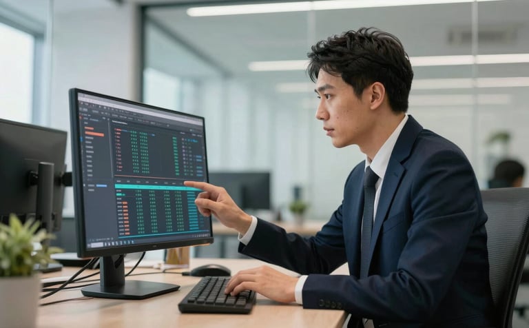 A focused IT professional in a modern office with glass walls, analyzing complex data on a sleek monitor. The scene is lit with clean Arctic White light and features subtle Deep Navy and Muted Sage accents in the decor. Professional, high-end photography style.