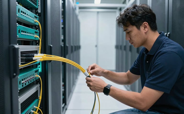 An engineer expertly handling high-speed fiber optic cables in a pristine, state-of-the-art server room. The composition is clean and technical, featuring the Forest Teal brand color in the equipment lighting and Arctic White floor reflections.