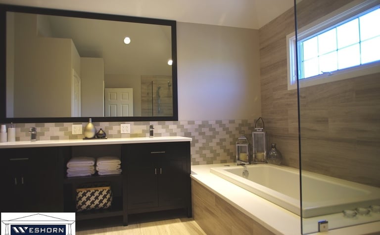 Modern bathroom remodeling project with custom walk in shower & soaking bathtub in Northbrook IL.