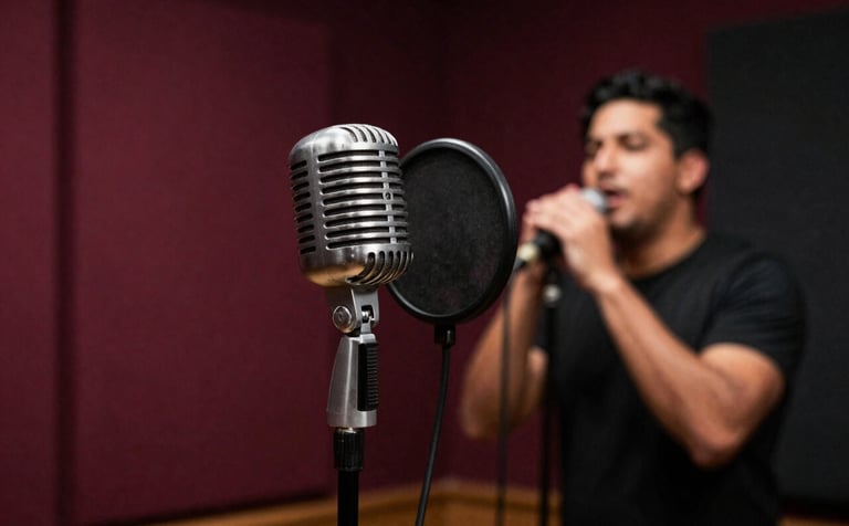 A moody photograph of a vintage silver microphone on a stand inside a dark vocal booth. The background is a deep maroon wall with subtle grunge concrete textures. A Hispanic / Latin American singer is blurred in the background, capturing a raw performance vibe.