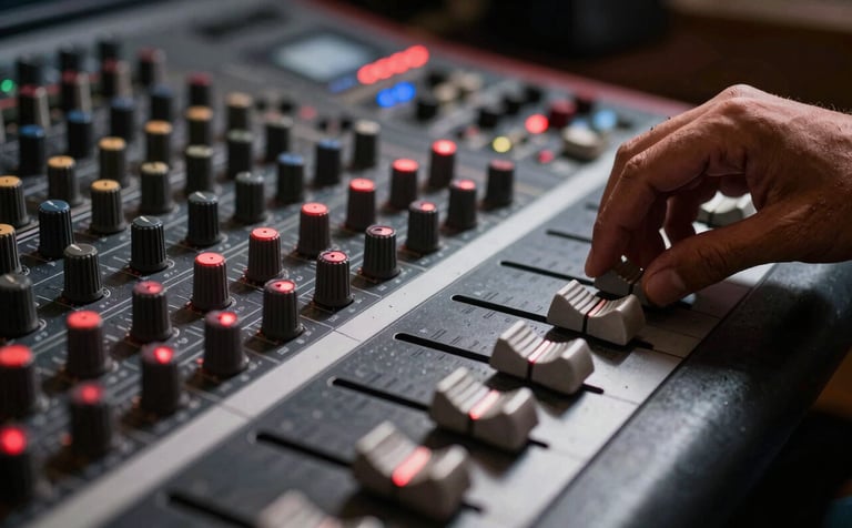 A close-up photograph of a professional mixing console in a dark recording studio. The lighting is moody with blood red glow on the faders. A Hispanic / Latin American audio engineer's hand is subtly adjusting a silver knob. Grunge texture and shallow depth of field.
