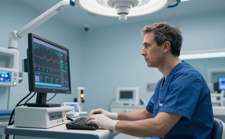 A high-tech specialist medical theatre in a modern London clinic with clean light blue lighting. A medical specialist is focused on a clinical monitor displaying healthcare data. High standard of professional efficiency. British English / UK.